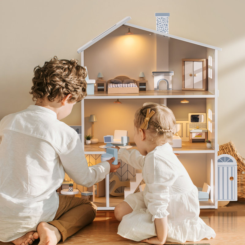 ROBUD Wooden Doll House with 29 Pieces of Furniture and Enchanting